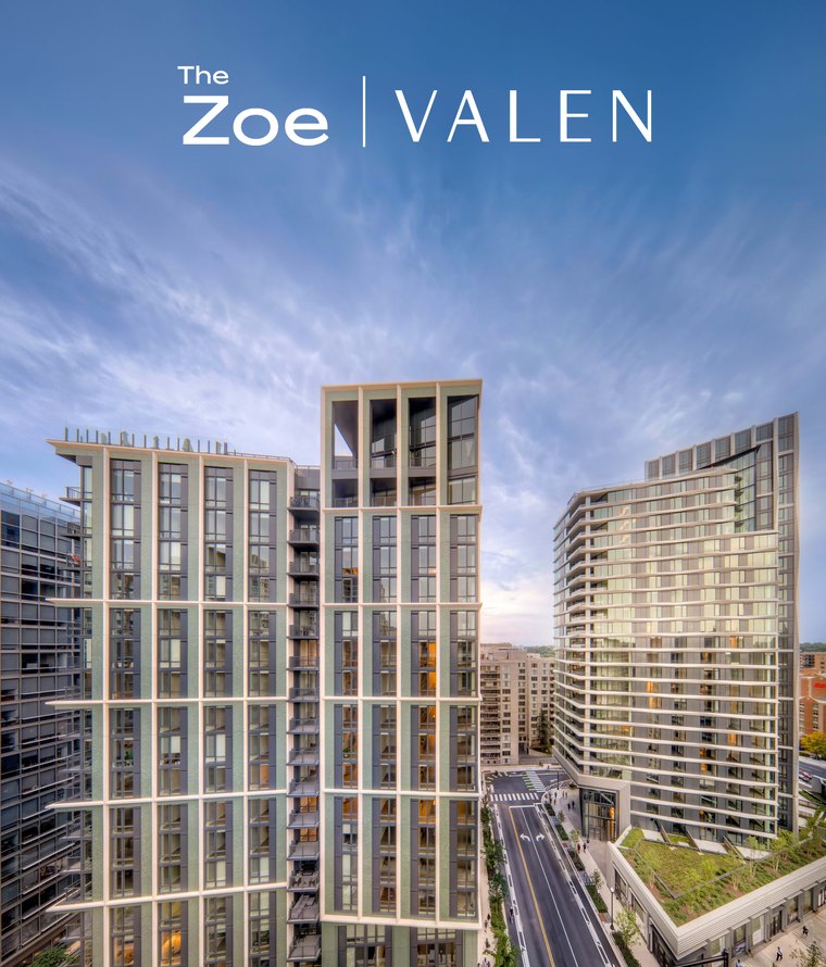 The Zoe and Valen apartment towers at dusk